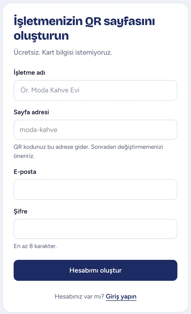 Kayıt ekranı: işletme adı ve sayfa adresi