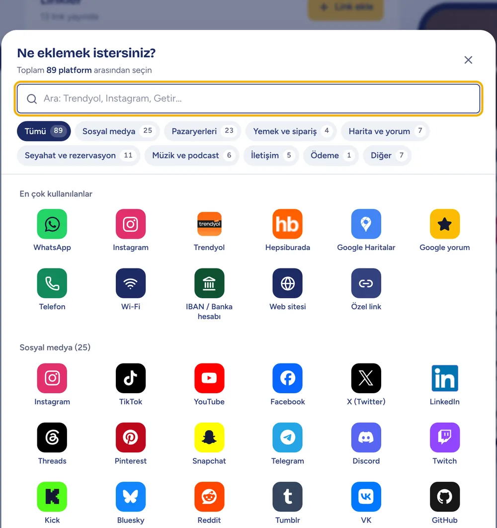 Link ekleme ekranı: 89 platform kategorilere ayrılmış